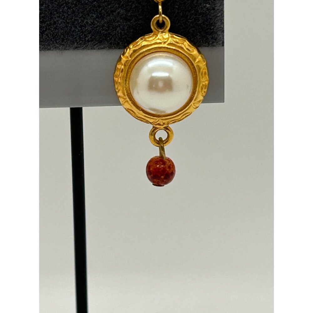 Liz Claiborne Vintage Gold-Toned Faux Pearl with Bead Dangle Earrings For Women - Picture 3 of 9
